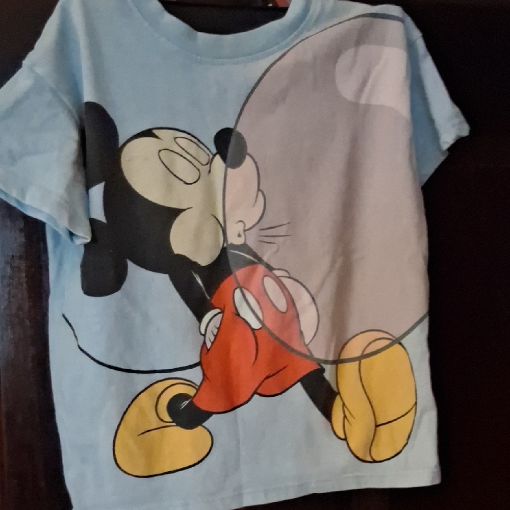 Disney Light Blue Mickey Mouse Graphic Tee with Red and Yellow Accents